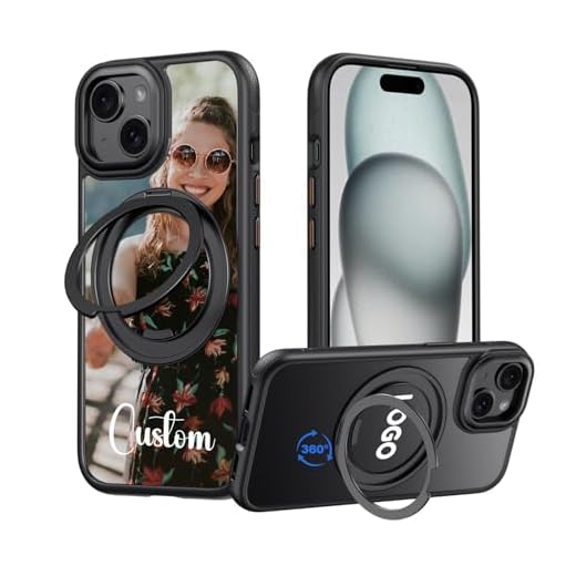 AESTHESTIFY Coque magnétique personnalisée pour iPhone 15 5G, photo/logo personnalisé, anneau rotatif à 360°, qualité militaire, pare-chocs en silicone, coque arrière translucide, compatible avec