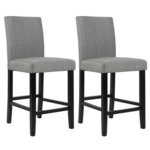 LSSPAID Bar Stools Set of 2, 24.8 Inch Upholstered Fabric Counter Height Stools, Modern Kitchen Island Wood Bar Chairs Barstools with Backrest and Solid Wood Legs, Grey