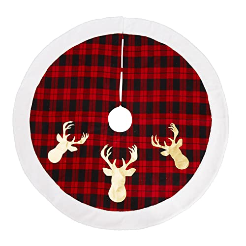 Garvee 48" Christmas Tree Skirt, Red Black Buffalo Plaid Christmas Tree Skirt, Xmas Tree Skirt with Reindeer Pattern for Holiday Party Indoor Decorations