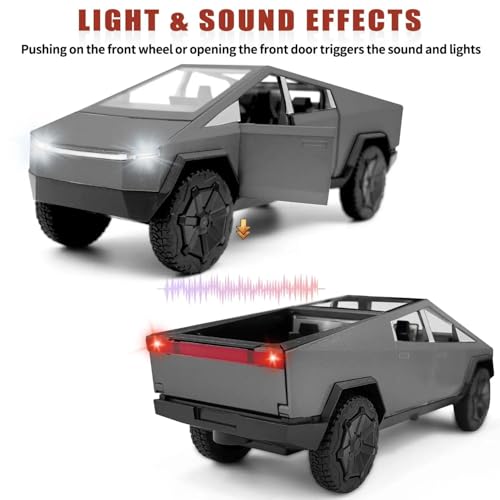Image of 1:32 Scale Die-Cast Tesla CyberTruck with Pick-Up Trailer with 6 Openable Doors Pull Back Toy Car with Lights & MusicToy Car Gift for Kids (1:32 Cybertruck Trailer - Black)