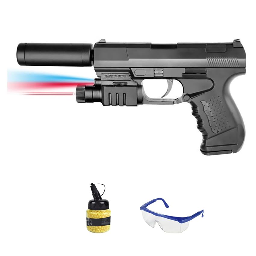 Pistola Vigor V041A con silenciador Muelle (6mm) + biberon 0,12g + Gafas | Arma de Airsoft de Aire comprimido. Pistola de iniciación.