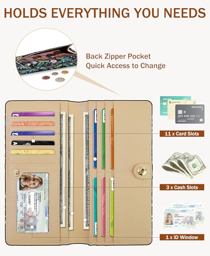 Image of Immaturus Butterfly Women Wallet RFID Blocking Slim Thin Credit Card Holder | Long Bifold, 11 Card Slots, Cash Purse, Zipper Coin Pocket, Travel Clutch Billfold, PU Leather, ID Window, Ladies Woman Gift