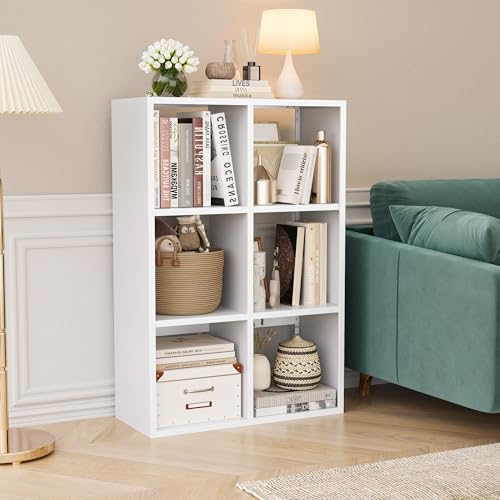 Image of VASAAOSD 6 Cube Storage Organizer - Metal Bookshelf, White Cube Shelf, Deep Cube Shelving with Corner Protector, Toy Display Bookcase for Living Room, Bedroom, Office, Entryway