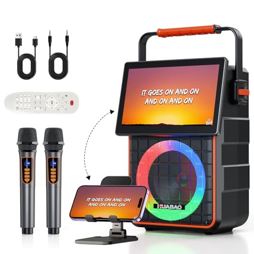 HUABAO Máquina de karaoke con pantalla HD de 10.1 pulgadas, 2 micrófonos inalámbricos