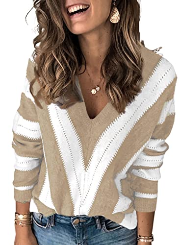 Uusollecy Pull en Tricot à col en V et à Manches Longues pour Femmes Pull en Tricot rayé Pullover décontracté à Manches Longues et Chaud S-XXL Cover