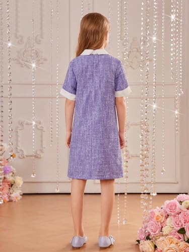 WDIRARA Girl's Pearls Trim Tweed Contrast Collar Button Front Short Sleeve Casual Dress2