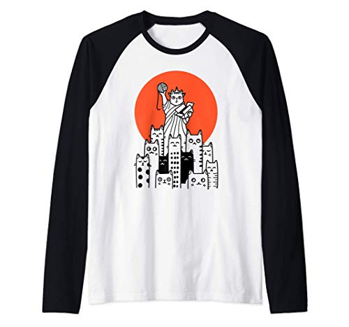 Cat in New York, NYC, America, USA, Patriot, Manhattan Raglan Baseball Tee