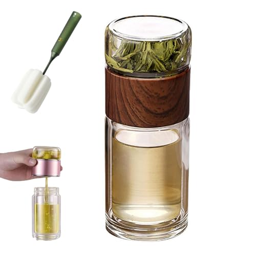 Generisch Bouteille à thé en verre de 420 ml, infuseur à thé intelligent 3 en 1, à double paroi de qualité supérieure, pour steeper à feuilles lâches, infuseur portable séparé, tasse à thé (bois)