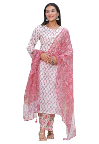 Ensemble kurta en viscose rose et blanc Yashika avec pantalon et dupatta assortis pour femme