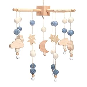 Boho Baby Crib Mobile Decor – Wooden Moon and Stars Nursery Mobiles with Cloud for Bassinet Starry Night Handmade Soft Felt Beads Hanging Wind Chime Toys Pendant for Infant Newborn Boy and Girl