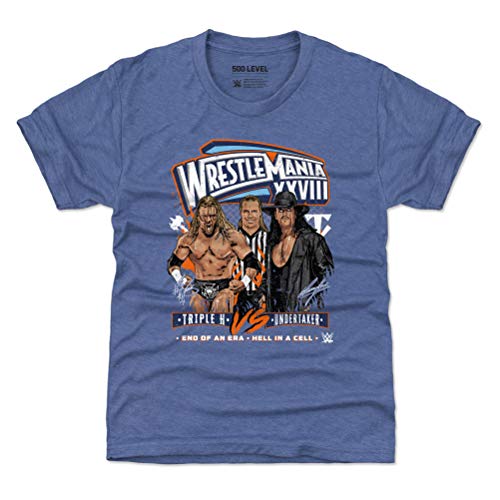 500 LEVEL Wrestlemania Youth Shirt (Kids Shirt, 6-7Y Small, Tri Royal) - WWE Boys Clothes - Triple H Vs. Undertaker Wrestlemania 28 WHT