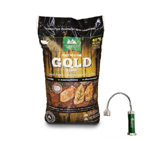 Green Mountain Grills Gold Blend Pellets and Tote Bag Combo -Red Oak, Hickory, Mountain Maple Blend