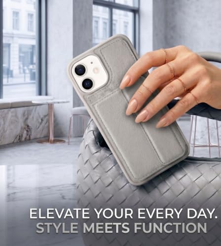 Image of amazon basics Luxury Vegan Leather Back Cover for iPhone 12 | Built-in Card Holder Slot | Integrated Mobile Stand | Slim Shockproof Protective Case with Stitched Finish - Gray