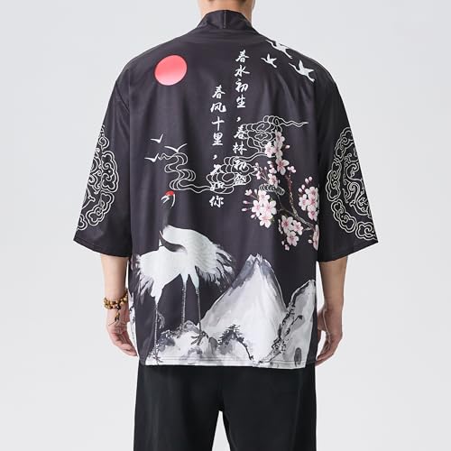 Image of PRIJOUHE Men's Lightweight Kimono Jacket Seven Sleeve Open Front Cardigan Coat Japanese Style Bathrobe