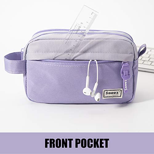 Image of Sooez High Capacity Pencil Case, Big Pencil Bag Pouch Box Organizer Pen Case, Portable Journaling Supplies with Easy Grip Handle & Loop, Asthetic Supply for Girls Adults, Purple