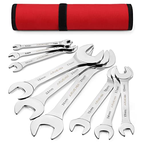 Arucmin Super-Thin Open End Wrench Set, 9-Piece 5.5Mm To 27Mm Chrome Vanadium Steel Metric Wrench Set With Rolling Pouch #TOP17