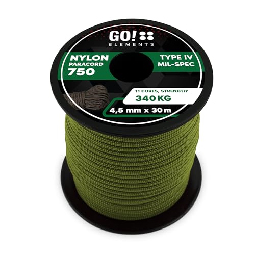 GO!elements Paracord 750 Tipo IV | Corda in nylon 100% resistente e estremamente stabile | ø 4,5 mm - 11 nuclei - Max. 340 KG | Corda multifunzionale e reepsnoer per sopravvivenza, campeggio