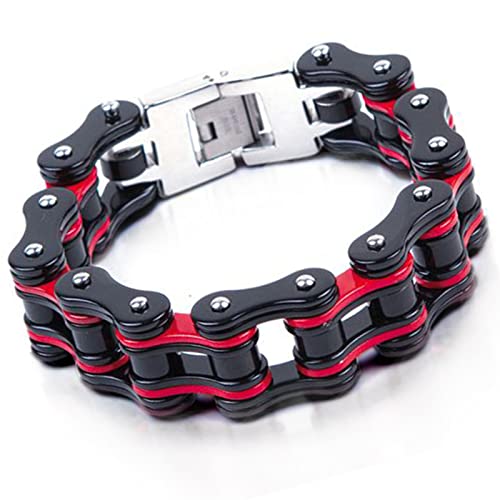 Dream Apparel Mens Stainless Steel Bike Chain Motorcycle Chain Bracelet For Women, 3/4 Inch Wide Heavy Metal Biker Bracelet, Bicycle Link Chain Bracelet, M, Black And Red #TOP12