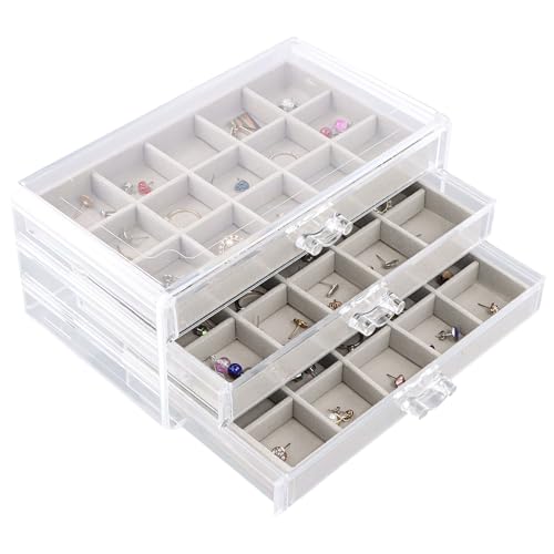 Wisebom Caja Joyero Organizador de Joyas con 3 Cajones, Jewelry Box, Joyero Cajones Transparente Caja para Joyas con Bandejas Separador Extraíble para Anillos, Pendientes, Collares, Relojes