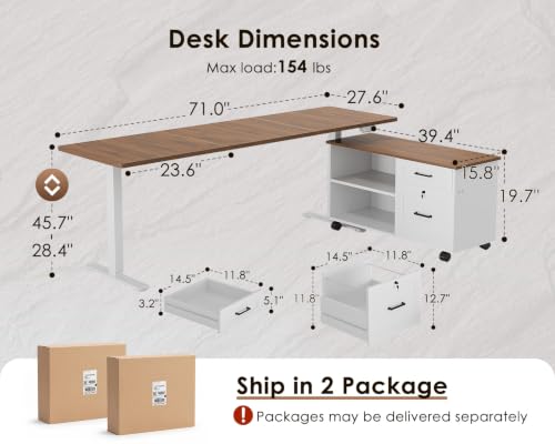 Image of OffiGo 71 inch L Shaped Electric Standing Desk with Cabinet Sets, Walnut /White | Mobile Drawers & File Cabinet Sets for Flexible Layout, Height Adjustable Executive Stand Up Desk for Home Office Workstation