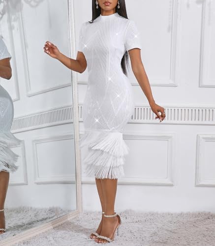 Image of Cololura Sexy Elegant Women Sequin Long Sleeve Tassel Bodycon Midi Dress Party Evening Gown Formal Dress