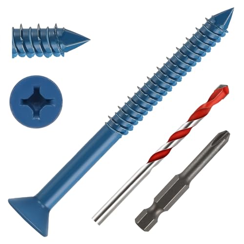 1/4" x 3-1/4" Concrete Screws, 50 PCS Blue Flat Head Concrete Screws Anchor Kit for Masonry, Cement, Block, Brick or Stucco