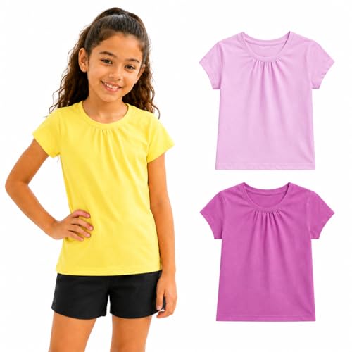 Image of Bienzoe Plain Solid Girls T-Shirts: Short Sleeve 3 Pack Soft Tees - School Daily Wear PE Play Easy Care Ages 4-13, Yellow, Pink, Crocus, Size 4/5