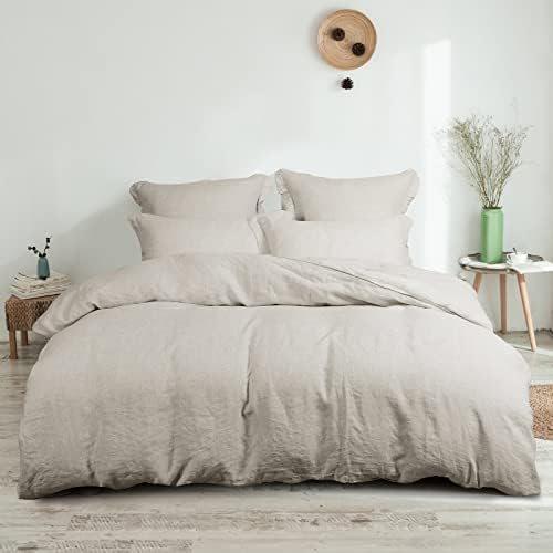 PHF 100% Linen Duvet Cover Set King, Washed Soft French Flax Linen Comforter Cover, Comfy Breathable Duvet Cover for Hot Sleepers, 1 Duvet Cover and 2 Pillowshams, 106"x 92", Linen