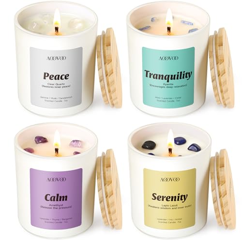 AOOVOO Stress Relief Candles Set for Women - 4 Pack Candles for Home Scented 28 oz 200 Hour Burn Aromatherapy Candle with Crystals Peace/Tranquility Kyanite/Calm Amethyst/Serenity Lapis Lazuli