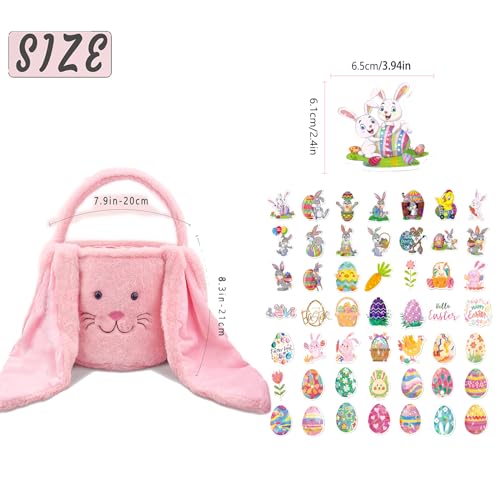 Image of Easter Bunny Basket for Kids, Cute Plush Big Ear Easter Basket with 50PCS Easter Stickers Pack for Boys Girls Easter Gifts for Egg Hunting Basket (Pink)