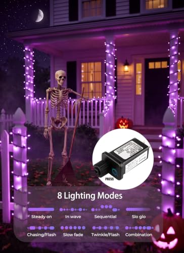 Image of Purple LED Outdoor Halloween Lights, 39Ft 100 LED Halloween String Lights | 8 Lighting Modes, Connectable Mini Lights, Plug In, for Garden Patio Party Haunted House Ghost Holiday Lighting Decoration