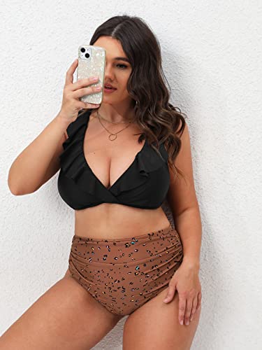 CUPSHE Women Swimsuit Plus Size Bikini Set High Waisted Ruffled Front Self Tie Back Ruched Bathing Suit4