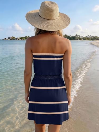 Image of SAUKOLE Summer Dresses for Women Bandeau Strapless Smocked Elastic Waist Sundress Tube Mini Dress with Pockets