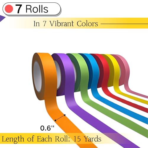 Image of 7 Rolls Colored Masking Tape,15 Yards x 0.6 Inch Painters Handmade Art Supplies Solid Color Washi Tape Rolls are Suitable for DIY Art Laboratory Labels Classroom Decorations 7 Colors - 300 Ft