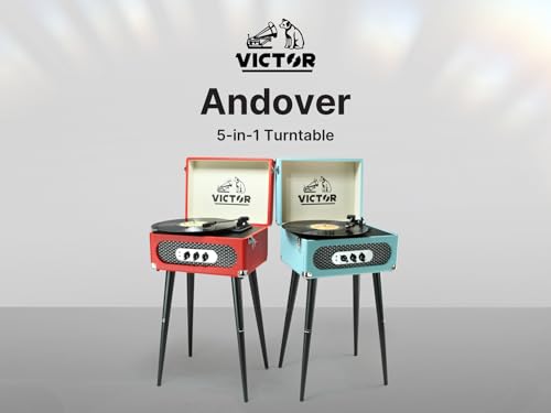 Victor VWRP-3200 Andover 5-in-1 Turntable with 3-Speed Record Player, FM Radio, Bluetooth, Built-in Speakers, and Chair-Height Legs &ndash; Perfect for Vinyl Lovers and Retro-Inspired Home Decor