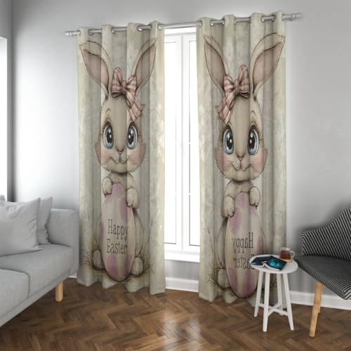 CHERHERART Feliz Conejo de Pascua Cortinas Opacas de Dibujos Animados Primavera Primavera Adorable Egg Teapings para la Ventana del Dormitorio de la guardería 2 Paneles 2xB117xH138