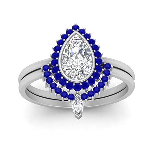 Image of 55Carat Choose Your Gemstone Bezel Pear Shape Halo CZ Diamond CZ Ring Sterling Silver Pear Shape Wedding Ring Sets Ornaments Surprise for Wife Symbol of Love Clarity Comfortable US Size 4 to 12