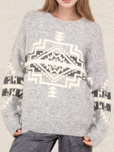 Image of Womens Loose Fit Argyle Graphic Aztec Western Sweater Long Sleeve Crewneck Pullover Tops