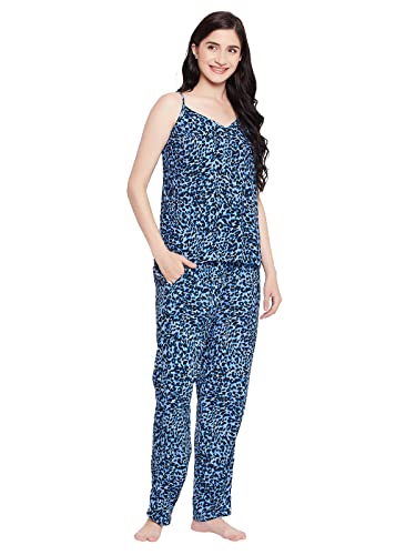 Image of Clovia Women's Cotton Animal Print Cami Top & Pyjama Set in Blue