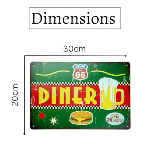 Image of Decorative Retro Metal Signs Wall Plate - 12x8 Inch (Rout 66 Diner) | Weatherproof Vintage Metal Sign Plate for Cafe, Home, Bar, Garage | Decorative Wall Hanging Sign Board