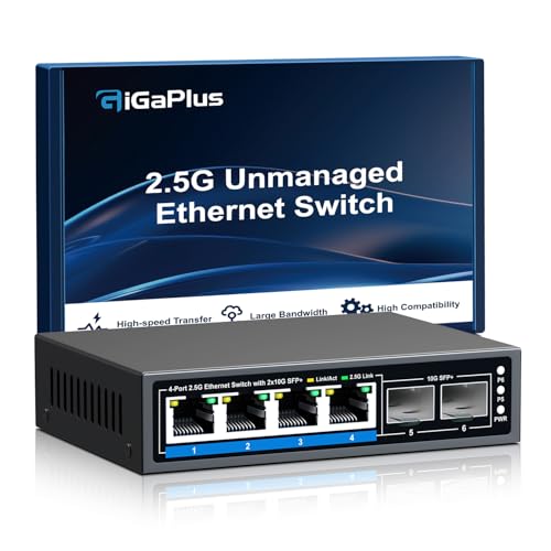 Image of GiGaPlus 6 Ports 2.5Gb Unmanaged Ethernet Switch with 4* 2.5G Base-T Ports, 2* 10G SFP+ Ports. 2.5Gbps Network Switch for 2.5Gbps NAS /PC, WiFi6 Router, Wireless AP. Fanless Design, Plug and Play