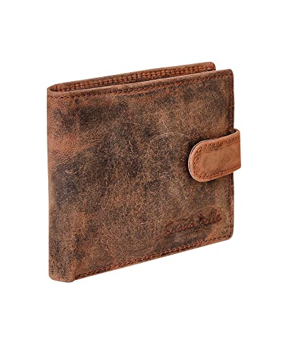 Photo de Buono Pelle Portefeuille de luxe en cuir végétal avec blocage RFID pour homme avec poche zippée sécurisée pour pièces de monnaie/billets et fenêtre pour carte d'identité, boîte cadeau, Marron vieilli,