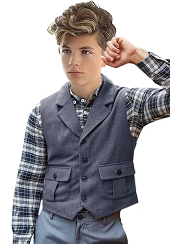 Boys Tweed Vest Retro Herringbone Kids Suit Vest with Pocket Toddler Sleeveless Waistcoat3