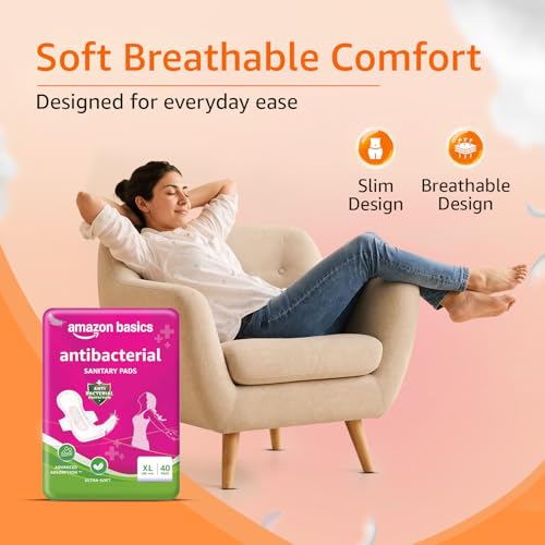 Image of Amazon Basics Anti-Bacterial Sanitary Pads for Women XL | 280 mm Extra Coverage | Ultra-Absorbent Core | Soft & Comfortable Surface | Wings for Secure Fit | Medium to Heavy Flow Protection| 80 Count (40 X Pack of 2)