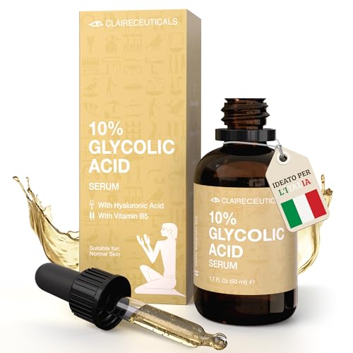 CLAIRECEUTICALS Siero Acido Glicolico Viso - Siero AHA 10% - Esfoliante Viso Potente e Delicato con Tè Verde e Acido Ialuronico - Pelle Liscia e Radiosa, Senza Irritazioni, 50ml