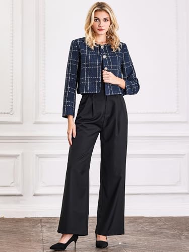 Women's Collarless Blazer Plaid Button Front Crop Tweed Jacket3