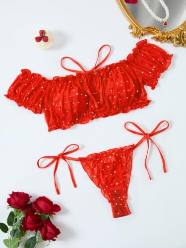 Image of Lilosy Sexy Stretch Ruffle Tie Sheer Mesh Lingerie Set Outfits