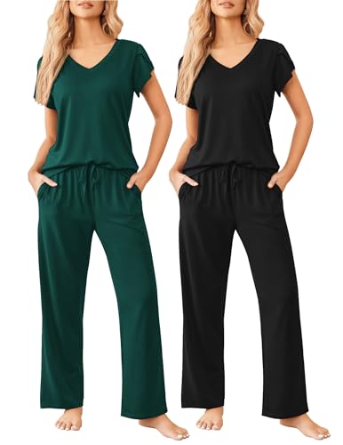Image of Ekouaer 2 Pack Womens Pajamas Short Sleeve Sleepwear Top with Pants Super-Soft Printed Lounge Sets S-XXL