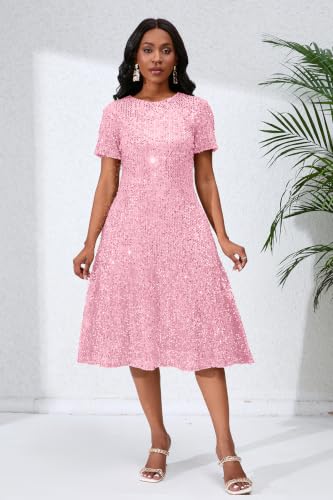 Image of Sequins Glitter Short Sleeve Women's Maxi A-line Dress - Sparkly Party Elegant