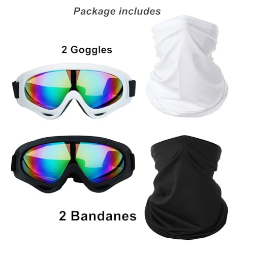 Image of LJDJ Motorcycle Goggles,2 Pack Dirt Bike ATV Motocross Riding Hiking Protective with 2 Pack Neck Breathable Bandana Mask (Black+White /Colorful)